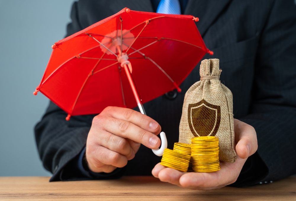 The,Businessman,Holds,An,Umbrella,Over,Money ,A,Bag,With