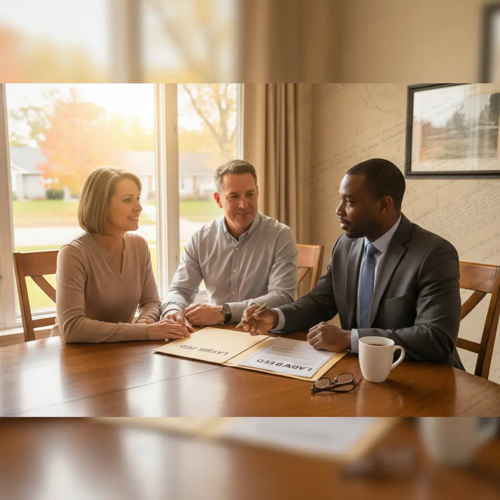 Middle-aged Michigan homeowners sitting with a professional estate planning attorney at their dining table, reviewing Lady Bird Deed paperwork in a warm, well-lit family home, with a quiet suburban neighborhood and fall foliage visible through the window to emphasize protecting the home, avoiding probate, and maintaining control over their property.