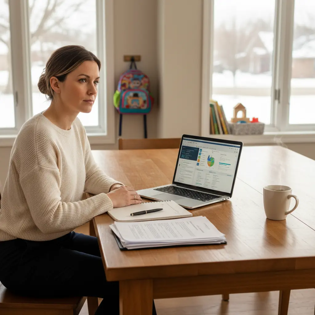 Stay-at-home mom in a Michigan home sitting at her kitchen table, reviewing financial and legal documents on a laptop and notepad as she plans for divorce and works to protect her financial future, with children’s items in the background highlighting her caregiving role.