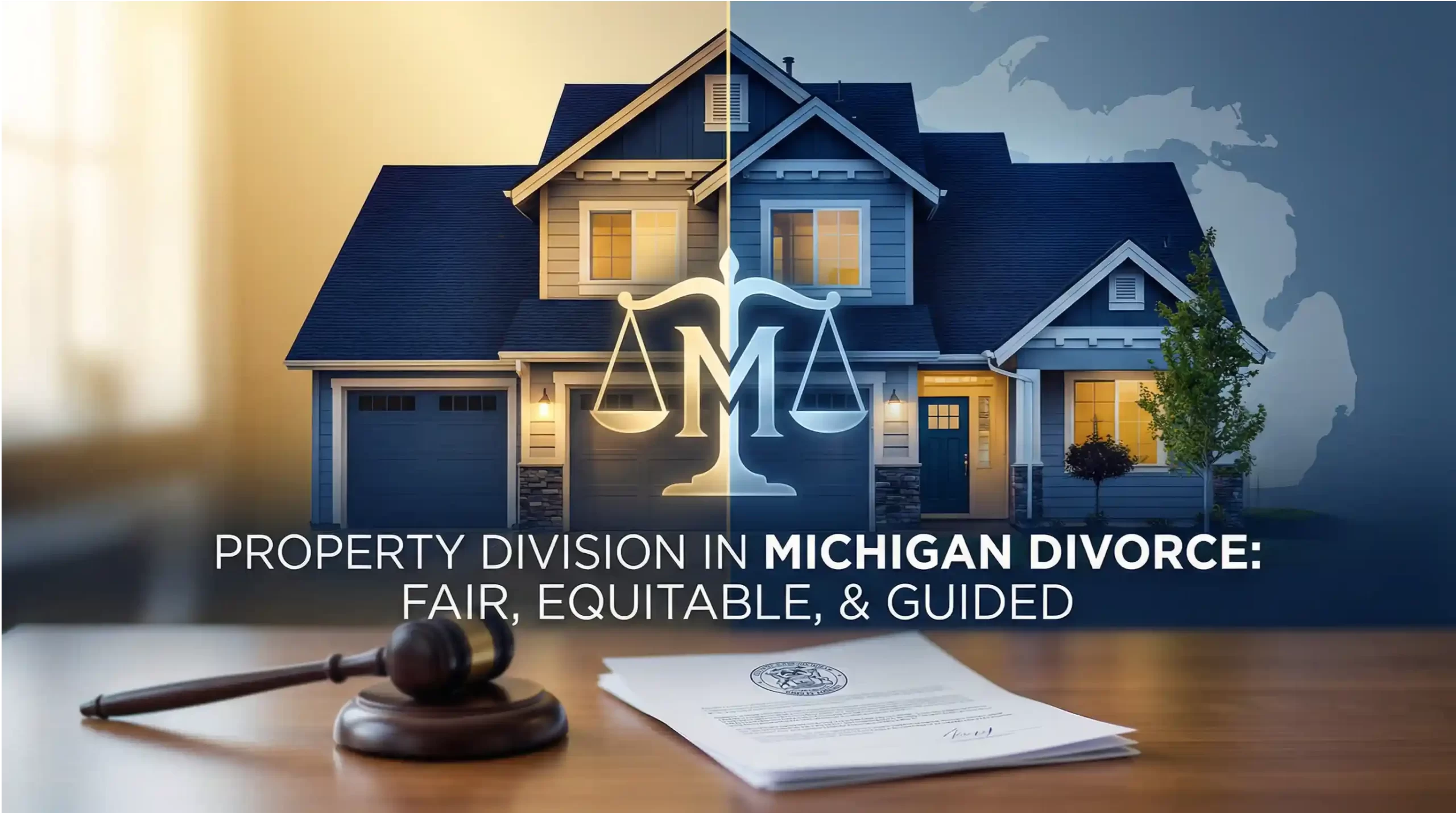 Michigan divorce property division concept showing a house with legal scales representing equitable distribution of marital assets
