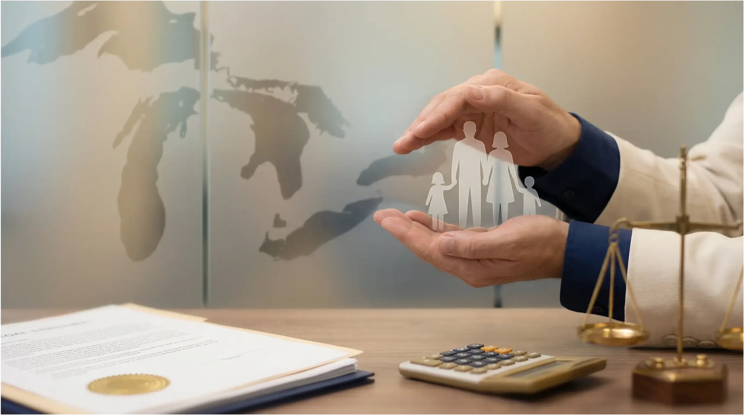 Attorney in a light-colored suit cupping a cutout of a family with two children in his hands, with legal documents, scales of justice, and a calculator on the desk, set against a frosted glass map of Michigan to illustrate protection of families in Michigan child support, childcare, and medical expense cases
