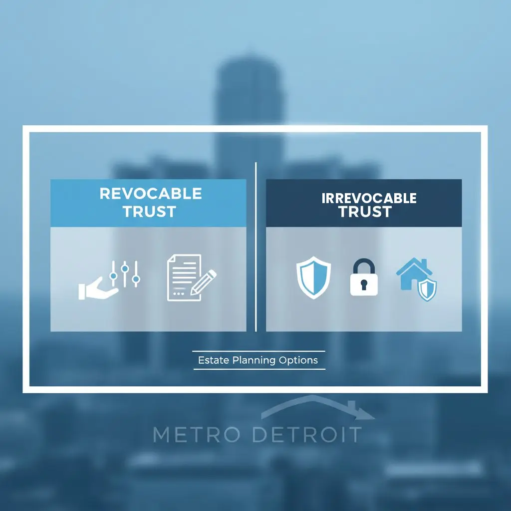 Metro Detroit estate planning graphic with a balanced scale comparison of revocable trusts and irrevocable trusts for choosing the right Michigan trust strategy.