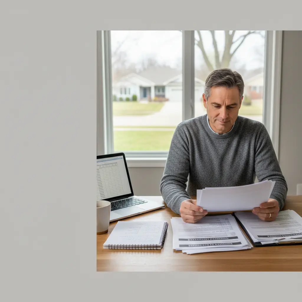 Thoughtful Michigan spouse reviewing finances and court papers at a kitchen table, symbolizing how spousal support really works and busting common alimony myths in Michigan divorces.