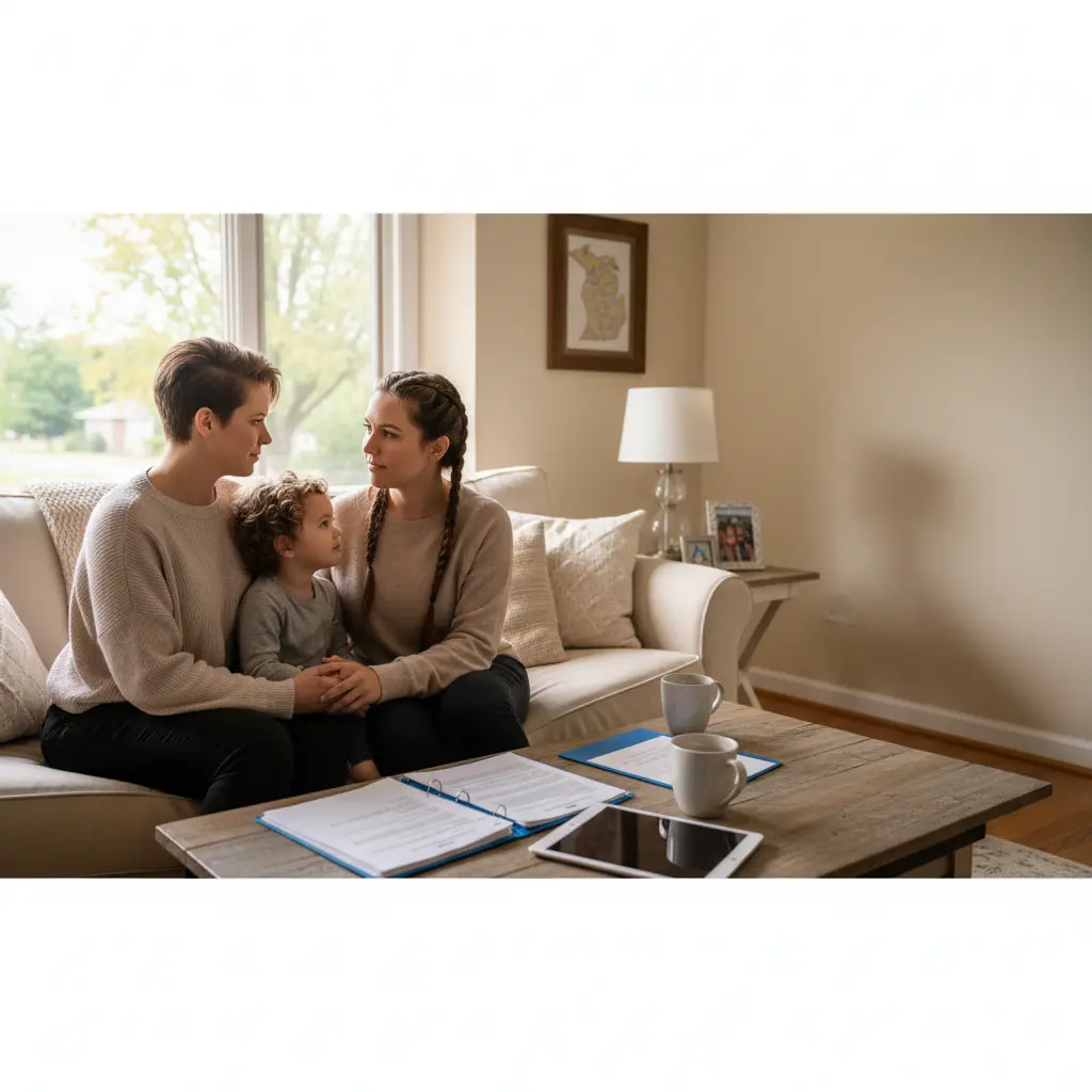 Same-sex parents sitting with their child in a Mid-Michigan living room, discussing custody, property, and parenting rights during a same-sex divorce in Michigan.