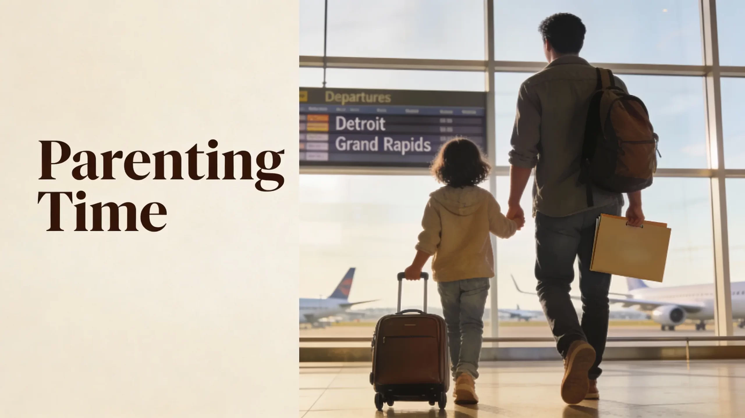 Michigan parent walking with child through an airport terminal with luggage, symbolizing long-distance travel and relocation under the 100-mile rule after divorce in Michigan.