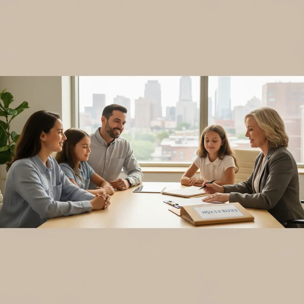 Metro Detroit family meeting with an estate planning attorney at a modern office table, reviewing and signing organized legal documents labeled ‘Estate Plan’.