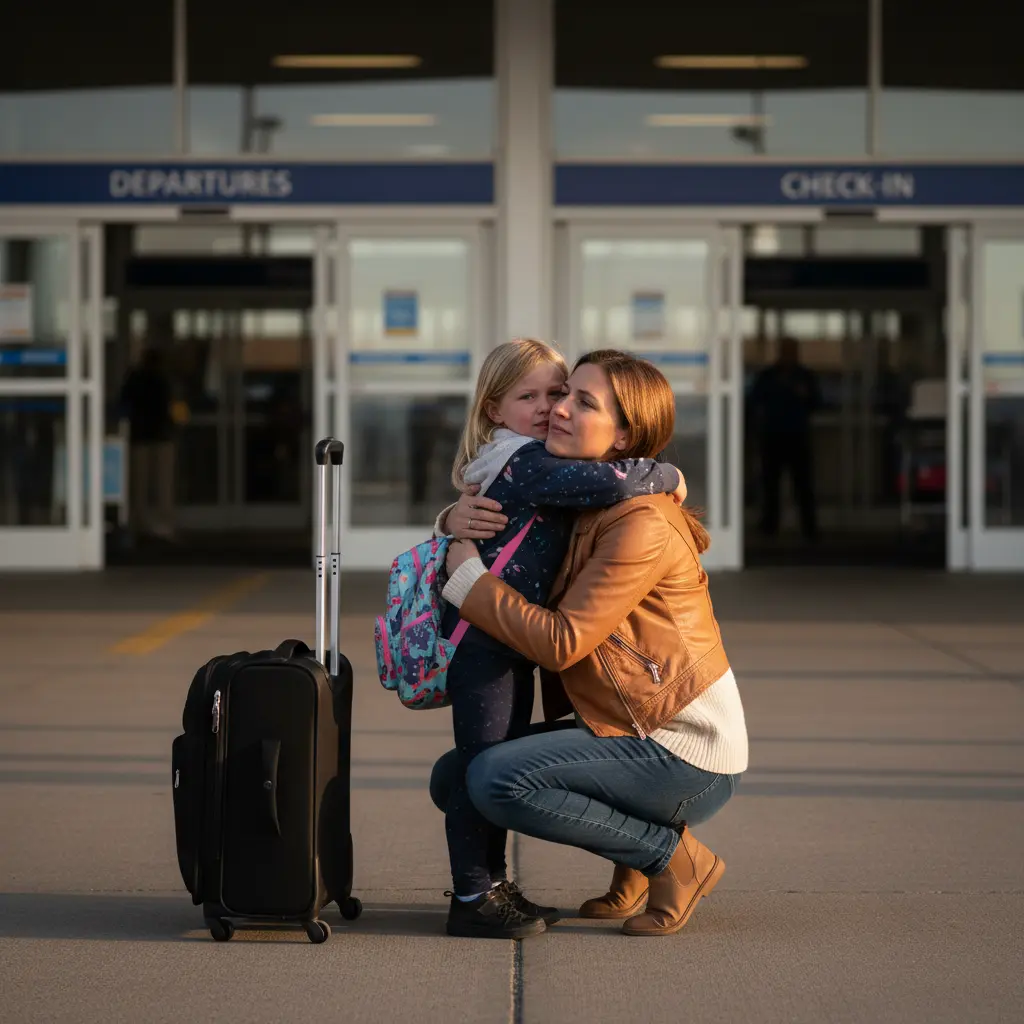 Relocating with kids after divorce in Michigan’s 100-mile rule parent walking with child and rolling suitcase through an airport for a long-distance parenting time visit, symbolizing Michigan parent transporting a child for court-approved relocation and extended parenting time travel.