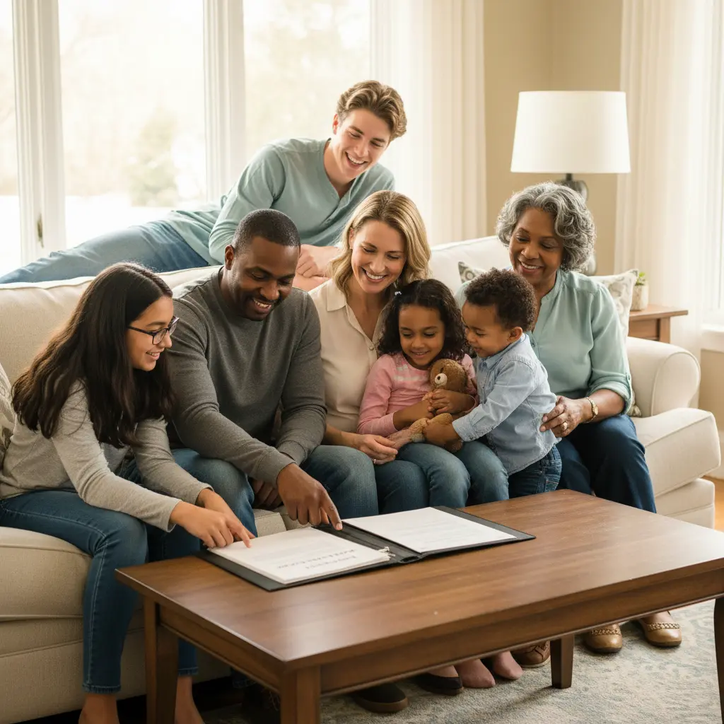 Estate planning for blended families in Michigan multi‑generational Michigan blended family with stepchildren and biological children gathered warmly in a living room, reviewing a family estate plan together to protect a spouse, stepchildren, and biological children.