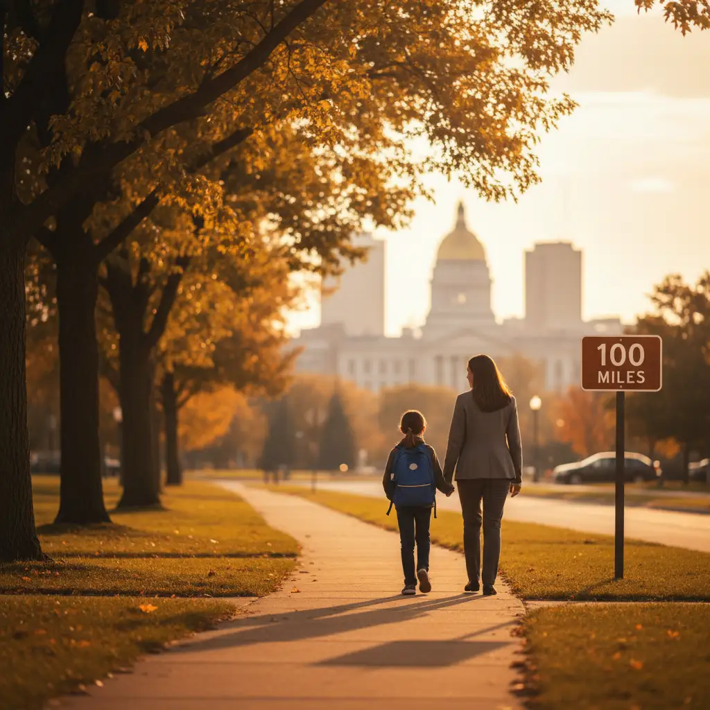 Parent and child walking together on a Michigan sidewalk at sunset, symbolizing a hopeful journey through a child relocation case under Michigan’s 100-mile rule after divorce.