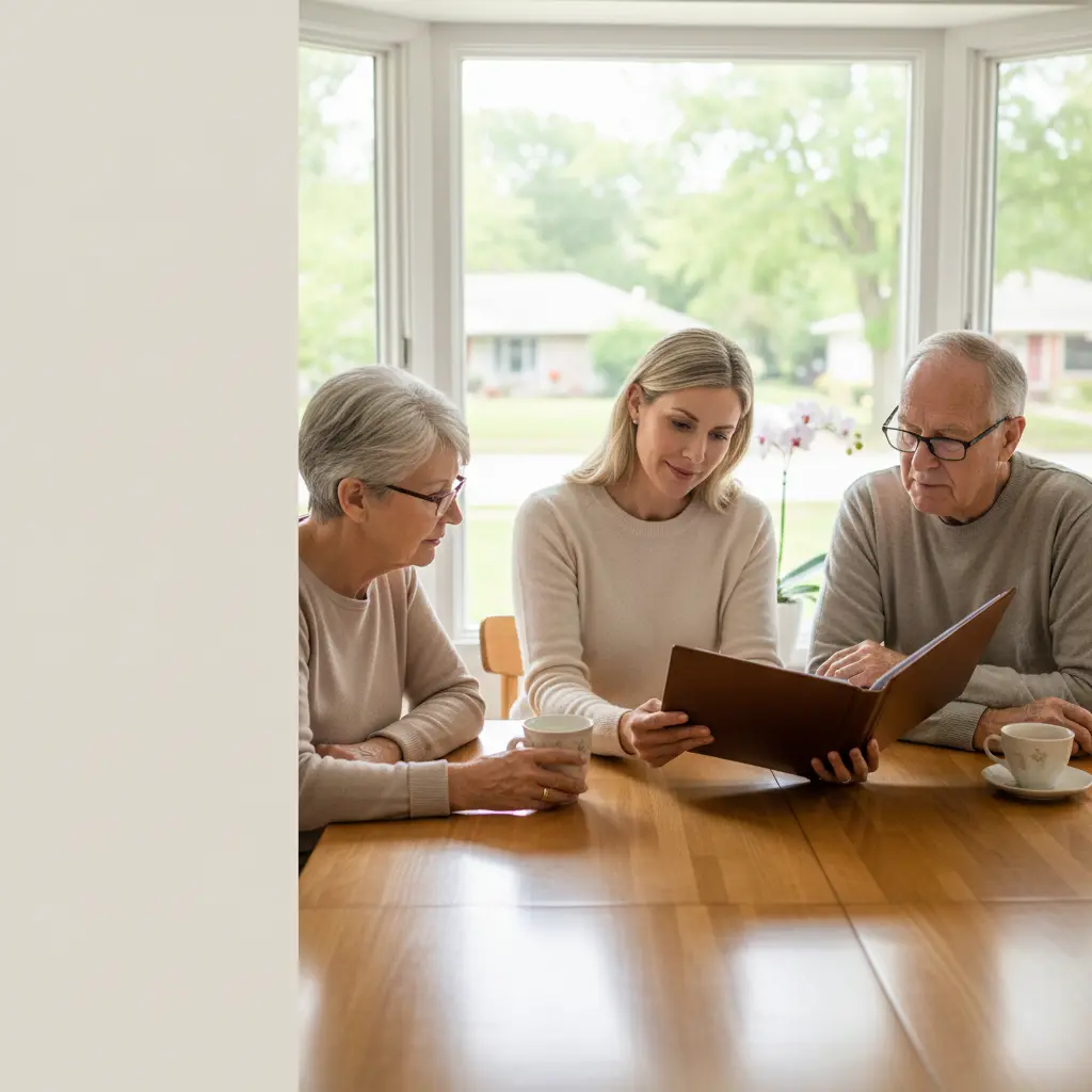 Adult daughter discussing estate planning documents with her elderly parents at a Michigan kitchen table, starting the conversation about whether their estate plan is in place.