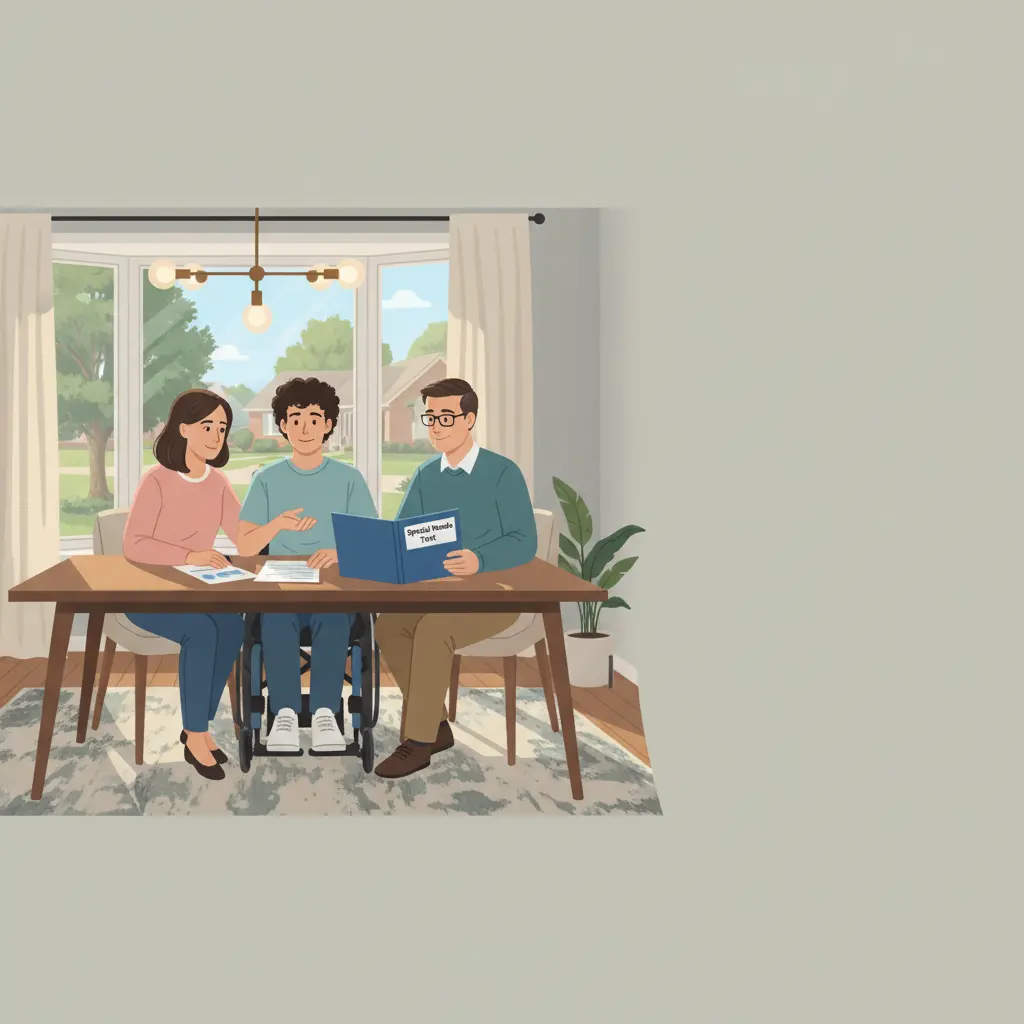 Macomb County family reviewing special needs trust documents at their Michigan dining room table, planning long-term financial security for a disabled child.