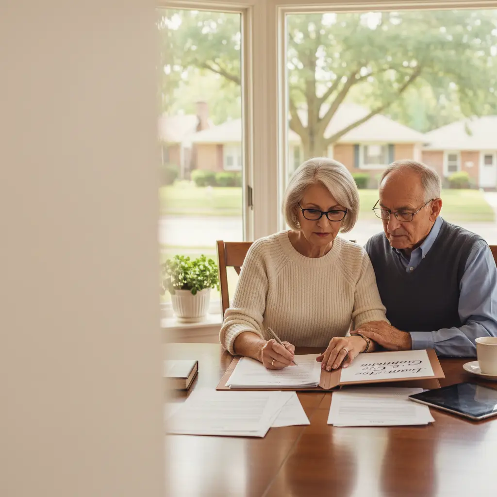 Senior couple in an Oakland County, Michigan home reviewing long-term care planning documents, learning how to manage nursing home costs, Medicaid eligibility, and asset protection.