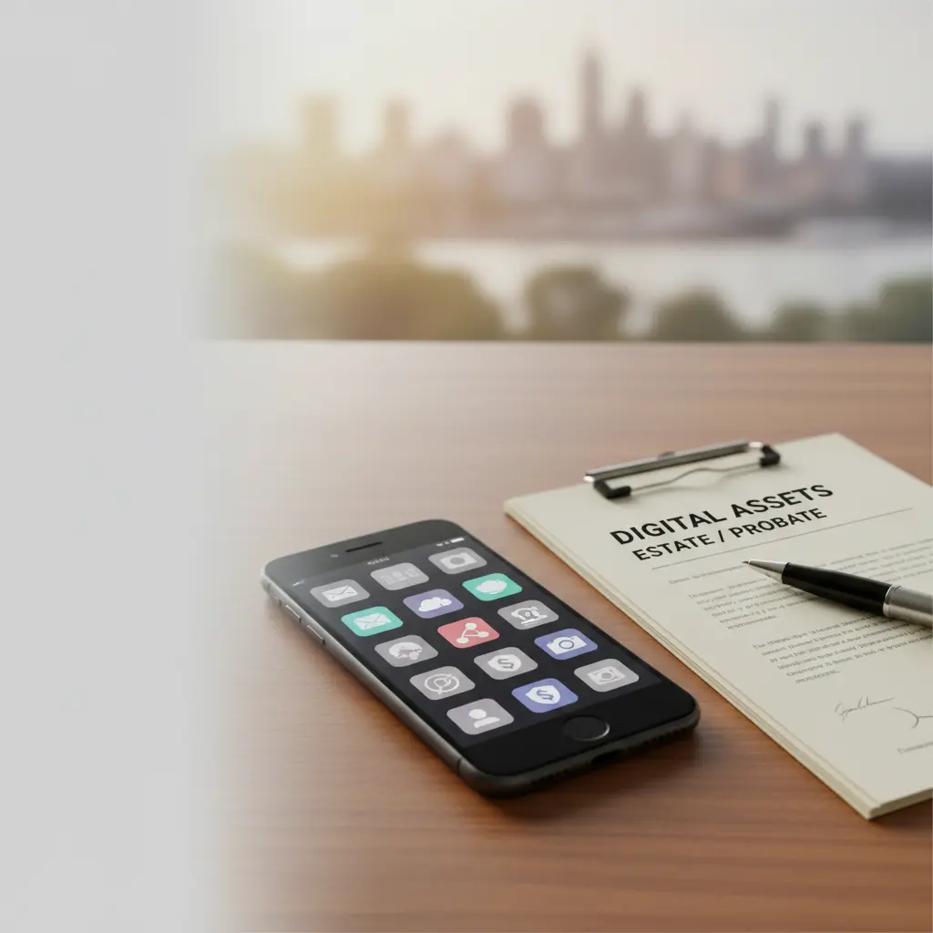 Smartphone displaying multiple app icons next to probate and “Digital Assets” documents on a desk, illustrating how to handle digital assets during probate for Southeast Michigan families.