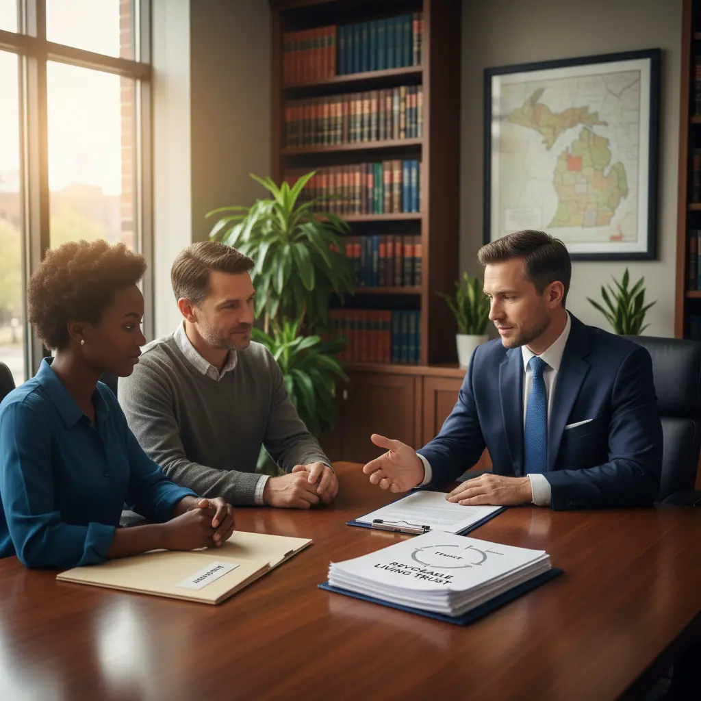 Macomb County Michigan family meeting with estate planning attorney to review revocable living trust to avoid probate and protect assets