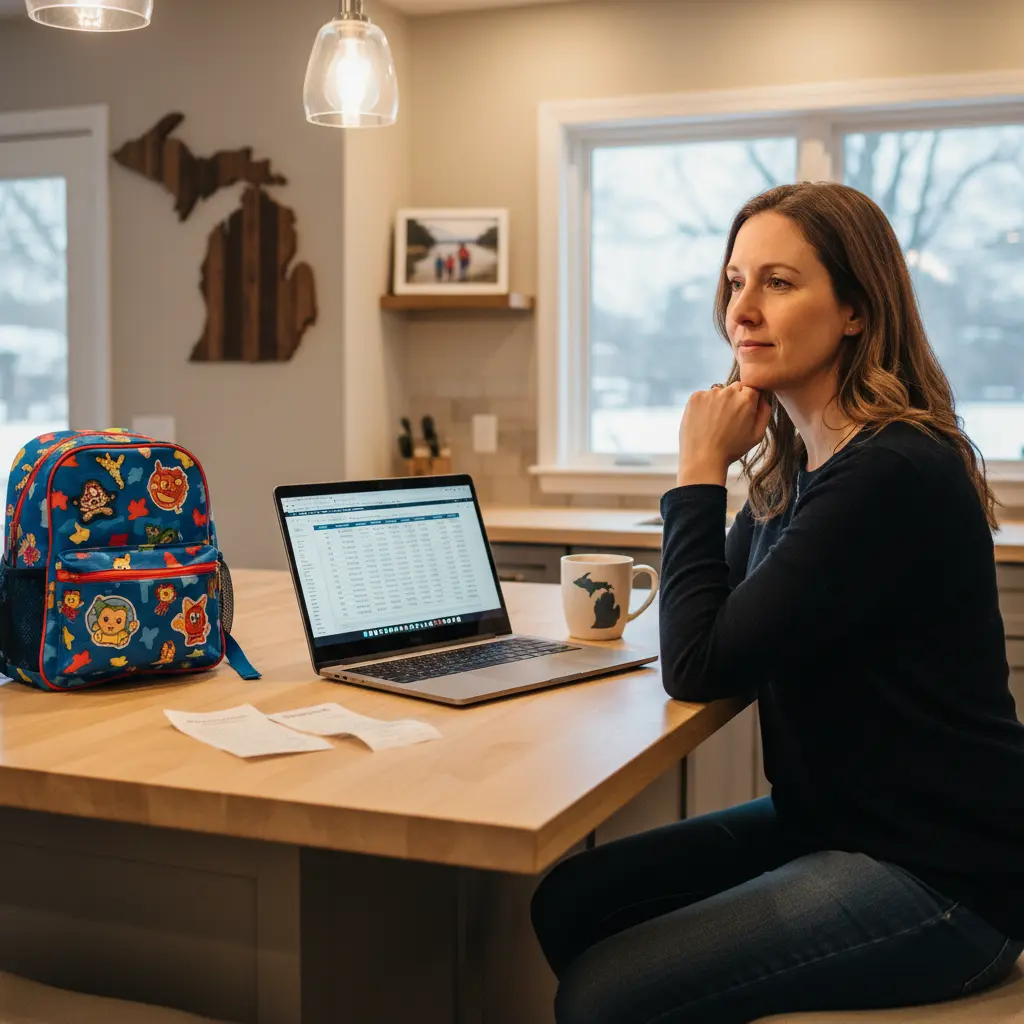 Michigan parent reviewing 2025 child support formula changes with medical receipts and financial documents