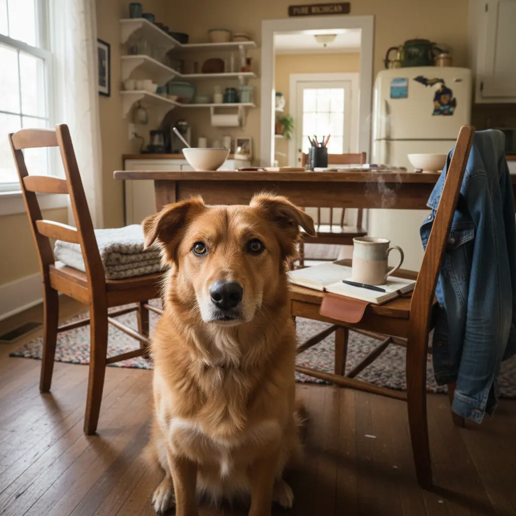 Dog sitting between two chairs at a table representing pet custody dispute in Michigan divorce