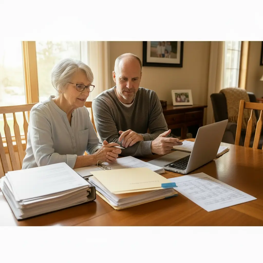Michigan senior and adult child sitting at a kitchen table reviewing long-term care costs and Medicaid planning documents for 2026, using a laptop and neutral paperwork to plan how to protect family assets under Michigan Medicaid rules.