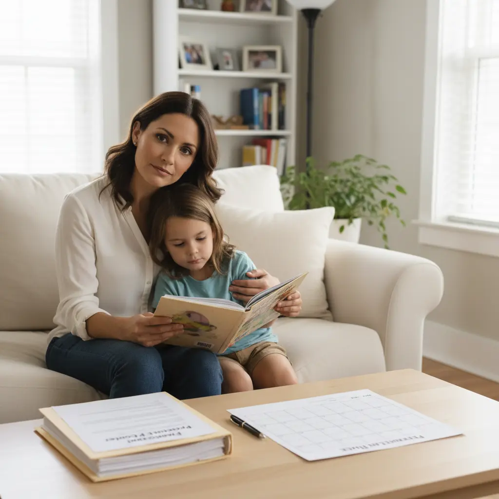 Domestic violence and PPOs in Michigan parent sitting safely with child on a couch, reviewing Personal Protection Order and custody parenting-time documents to understand how abuse affects custody and parenting time.
