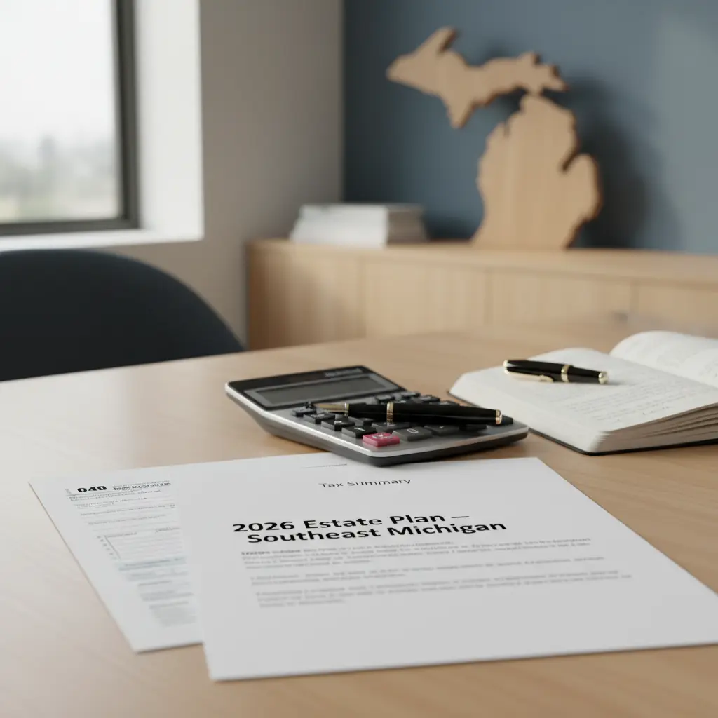 Tax implications of estate planning in Southeast Michigan 2026 desk with calculator, tax forms, and a folder labeled "2026 Estate Plan – Southeast Michigan" next to a tax summary, illustrating how federal estate and income tax considerations affect Michigan estate planning.