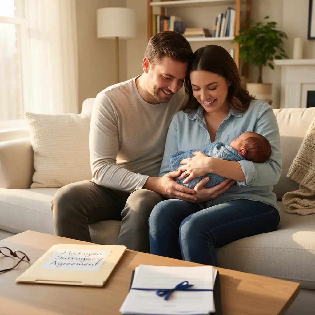 Michigan’s new surrogacy and parentage laws intended parents in Michigan sitting on a couch at home, joyfully holding their newborn baby born through a legal surrogacy arrangement, with a Michigan surrogacy agreement folder on the table symbolizing protected rights for intended parents, donors, and surrogates in 2026.