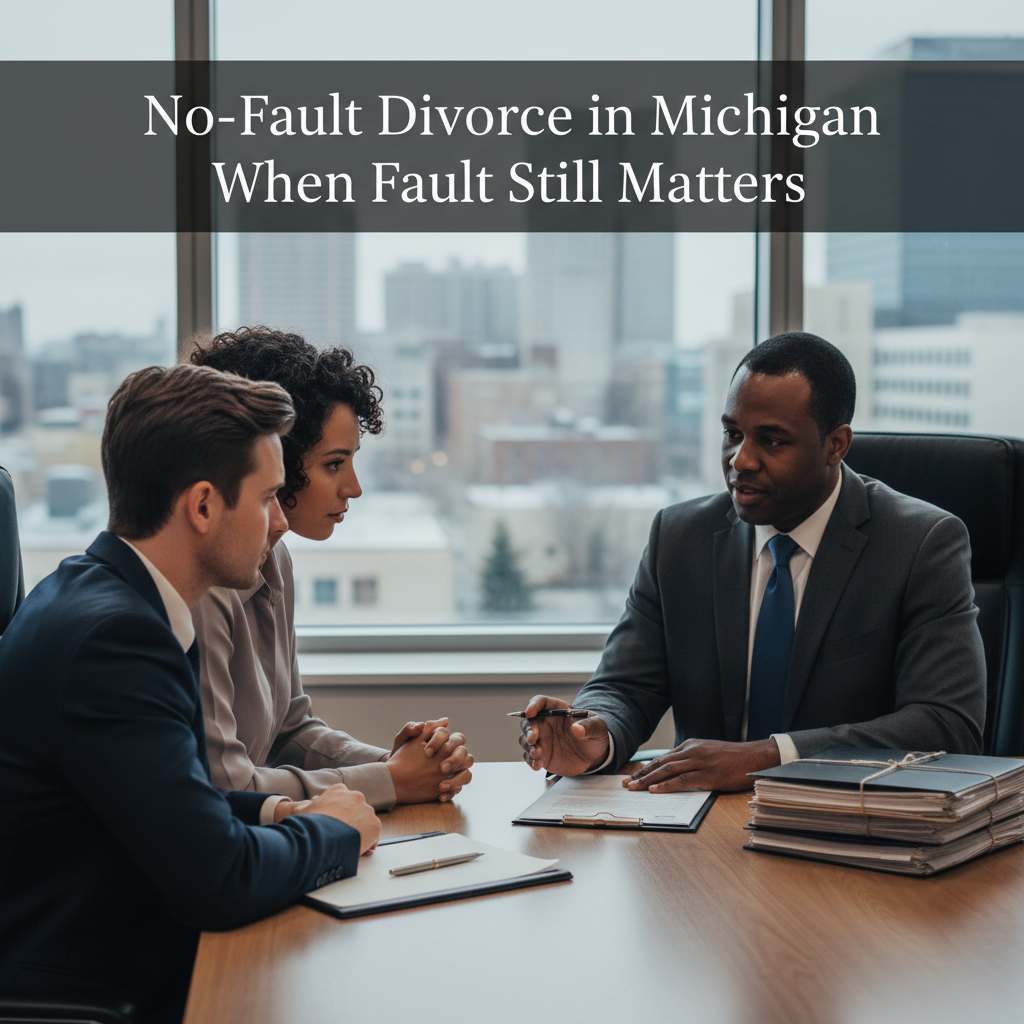 no fault divorce couple meeting with attorney in office to discuss