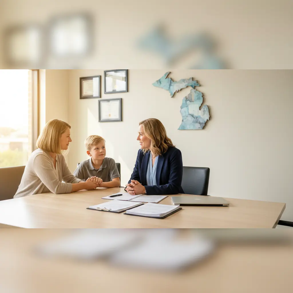 Parent and child meeting with a Michigan family law attorney in a bright office to discuss child custody options