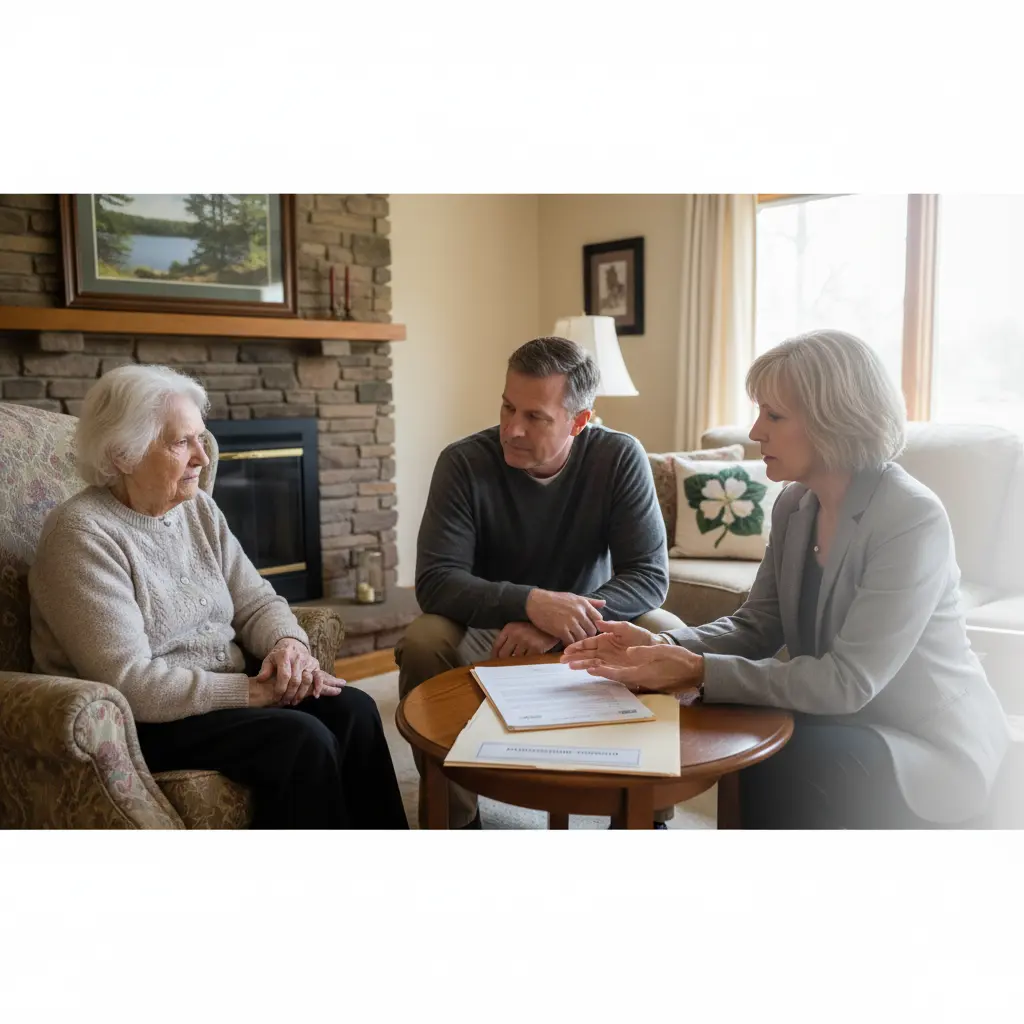 Guardianship in Livingston County Michigan adult child and elder law attorney reviewing a guardianship petition to protect a vulnerable senior in a warm home setting.
