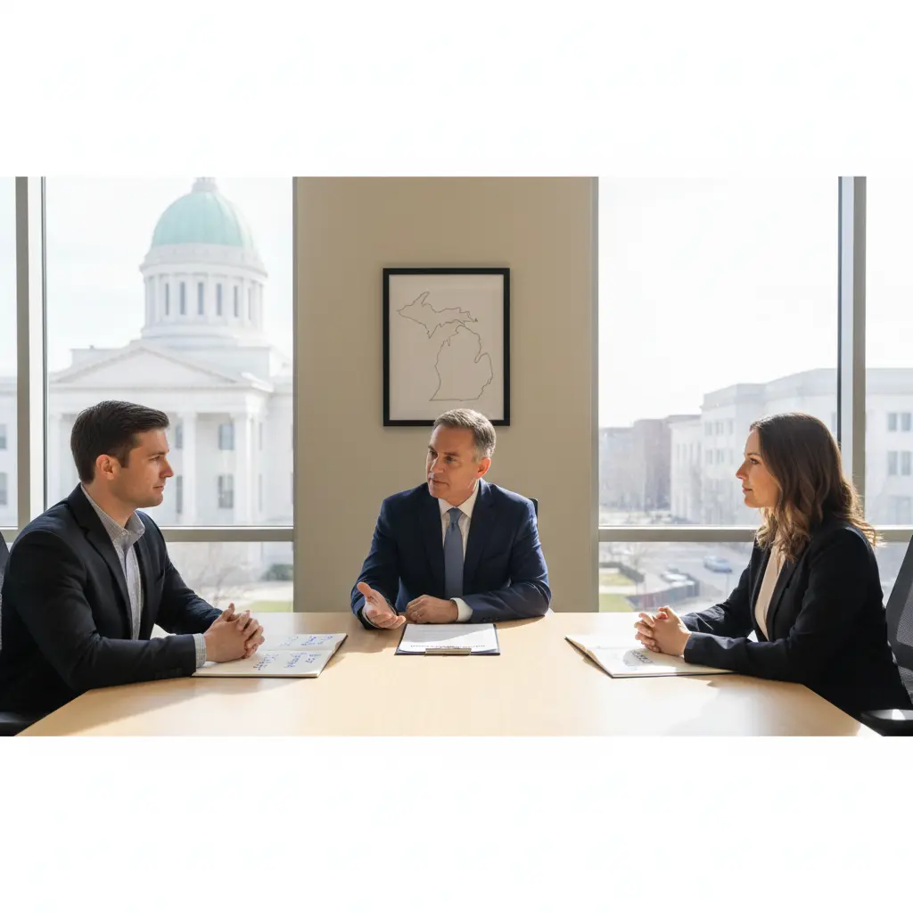 Neutral mediator sitting between two separated spouses in a modern Michigan law office conference room, calmly reviewing a mediation agreement about custody, parenting time, property, and support to help them resolve their family dispute cooperatively while avoiding court