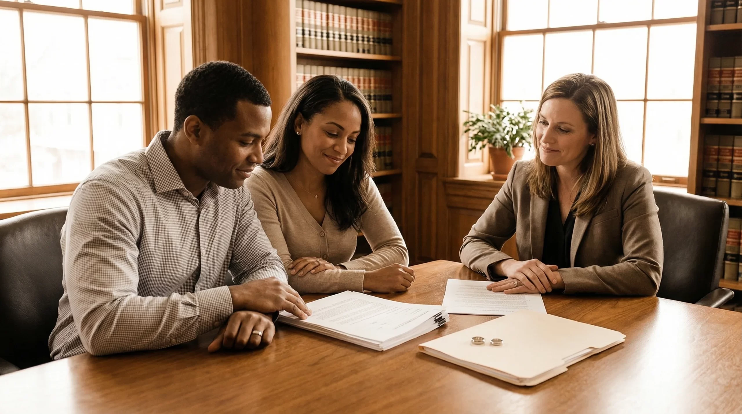 Engaged couple reviewing prenup documents with a family law attorney in a professional law office