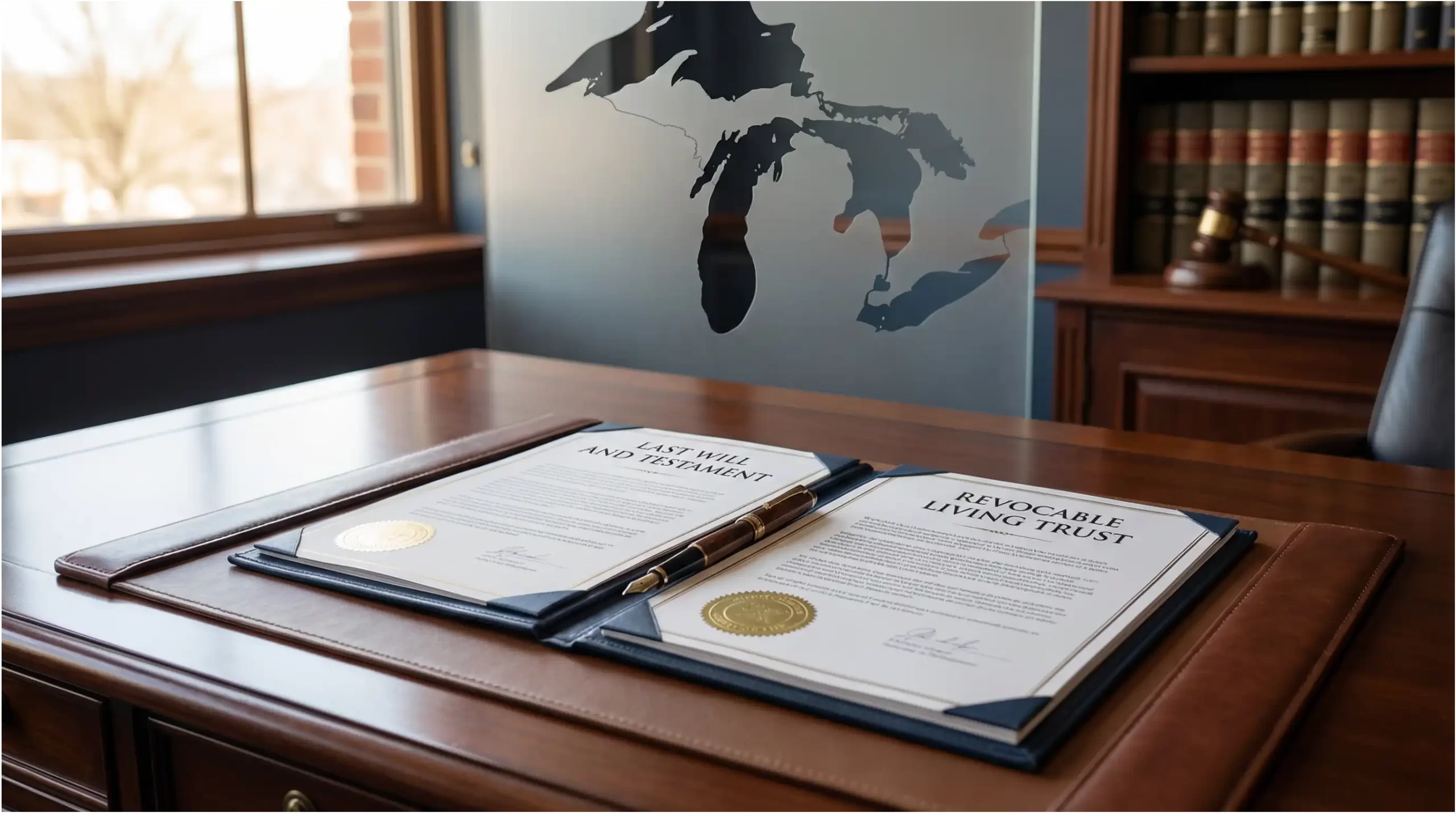 Professional estate planning concept showing legal documents, wills, and trusts for Michigan residents
