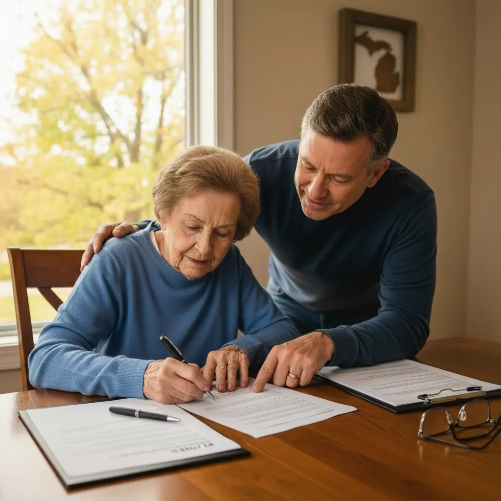 Elderly woman in Livingston County, Michigan signing a power of attorney document at her kitchen table with a supportive adult family member beside her, illustrating compassionate elder law planning and powers of attorney for seniors in Livingston County