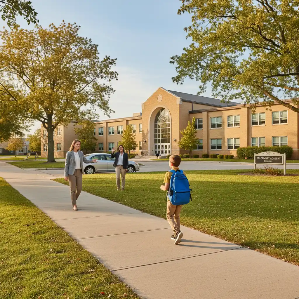 Post-divorce school choice in Michigan — child approaching school with both parents supporting education decisions in the Tri-County Area