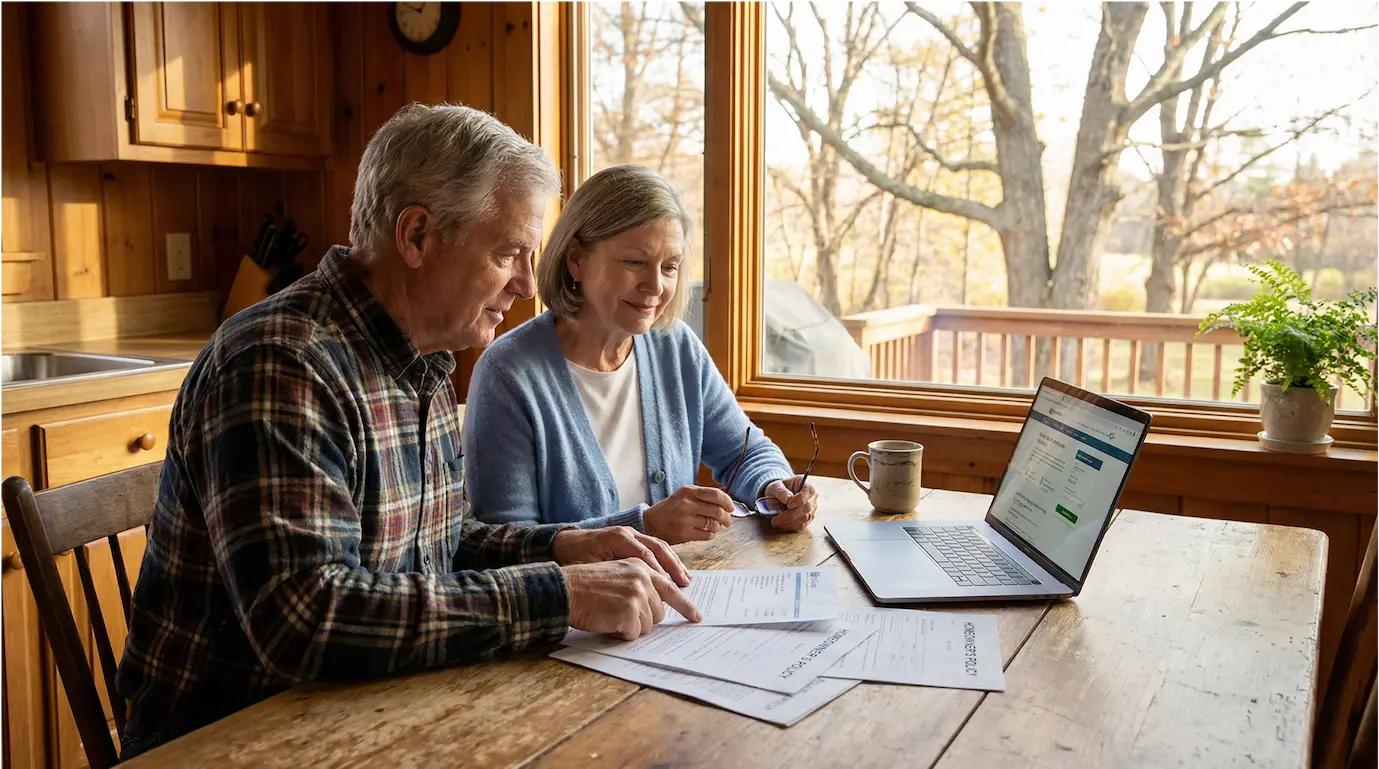 Long-term care insurance in Lapeer County — Michigan couple reviewing LTC policy options and elder law planning