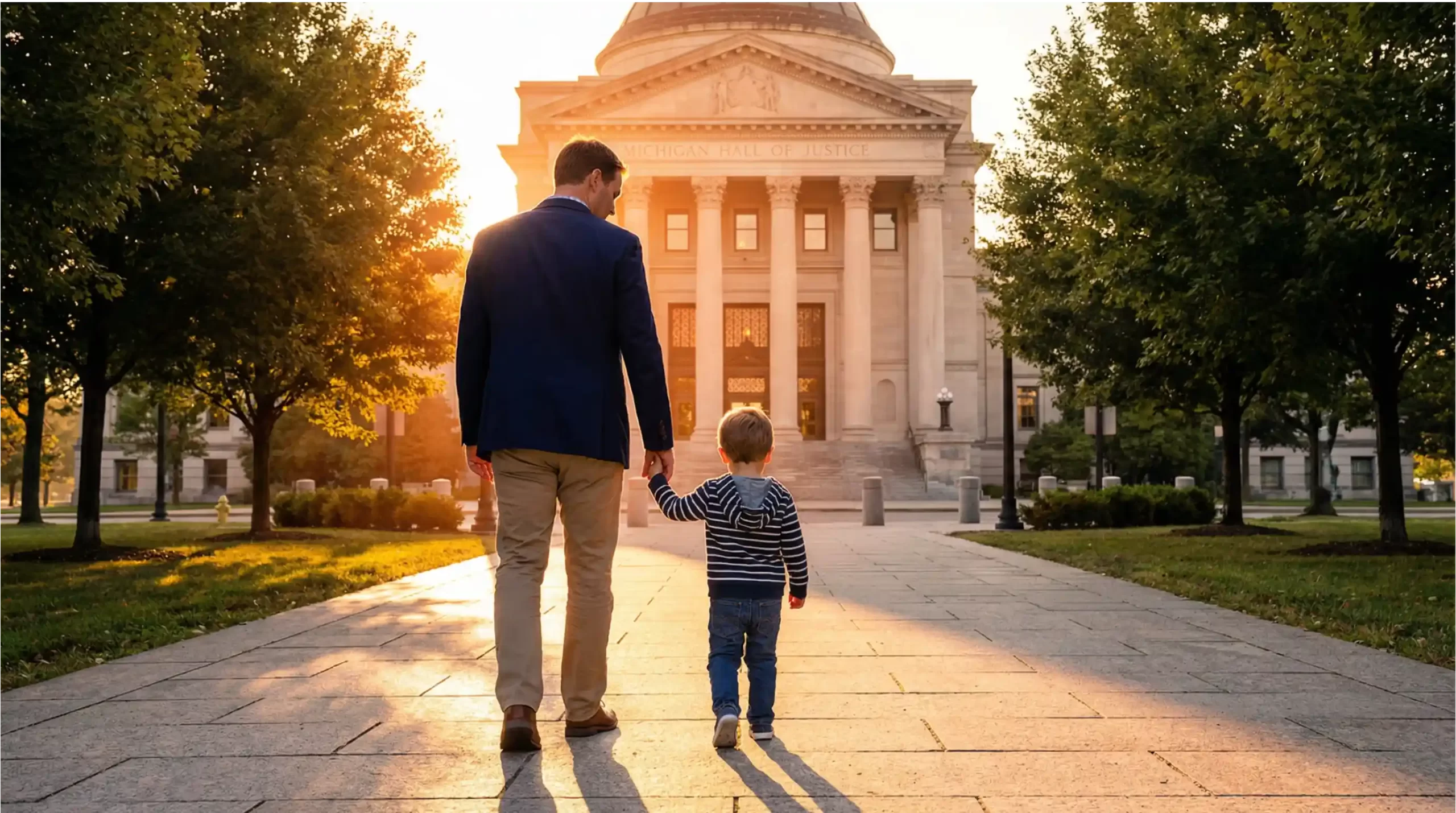 Paternity establishment in Lapeer County Michigan — father and child approaching courthouse for custody and support rights