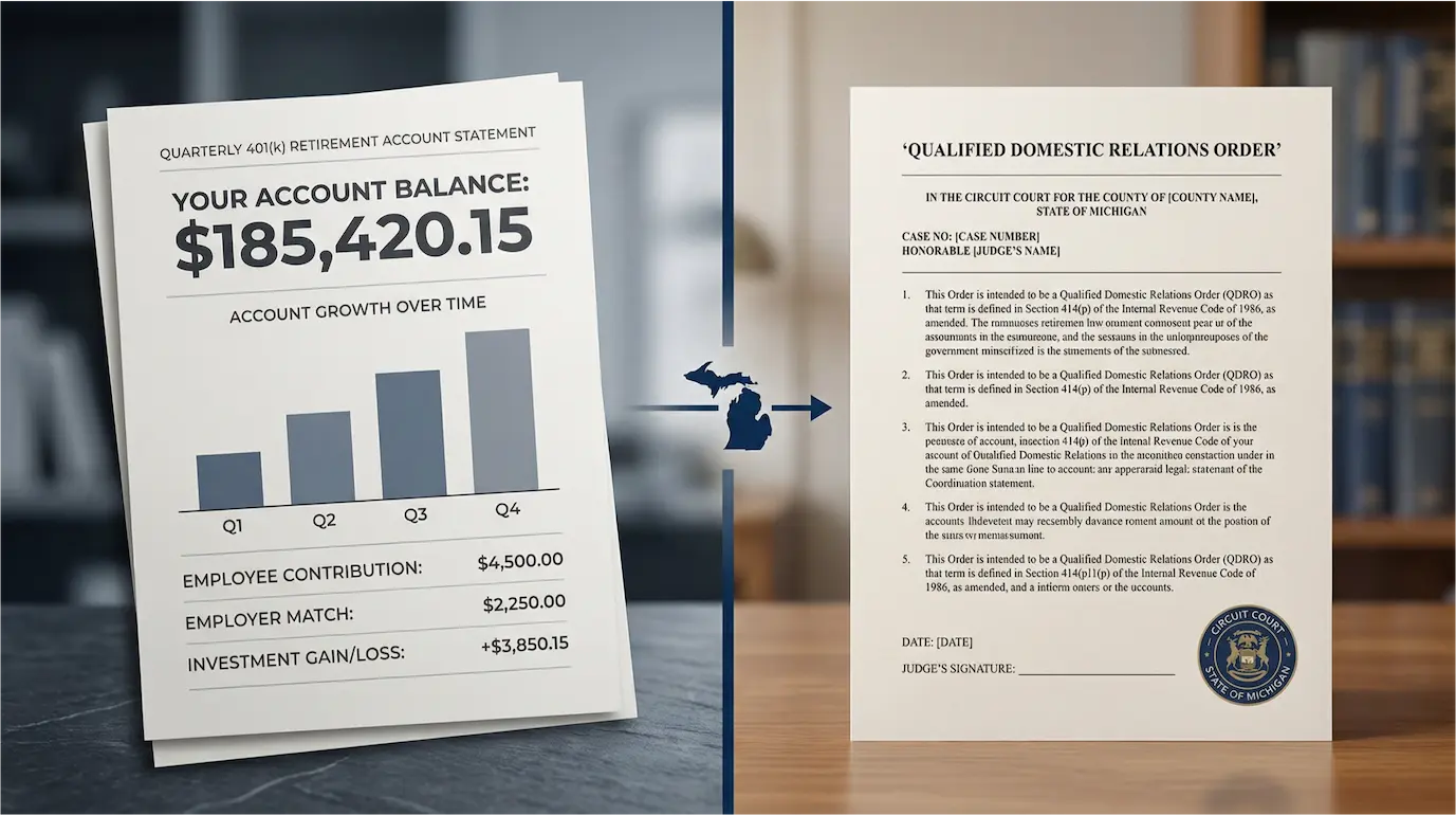 Retirement account division in Oakland County Michigan divorce — 401(k) statement and QDRO court order for pension and retirement splitting