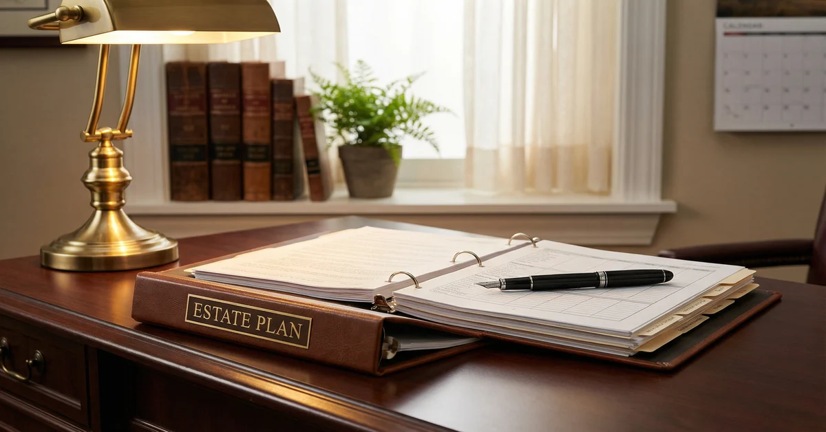 An open estate planning binder with legal documents and a calendar on a law office desk — Michigan estate plan review and update