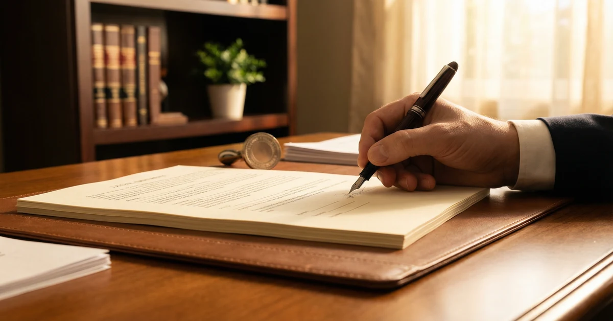 A person signing a power of attorney document beside a notary seal on a law office desk — Michigan durable power of attorney estate planning
