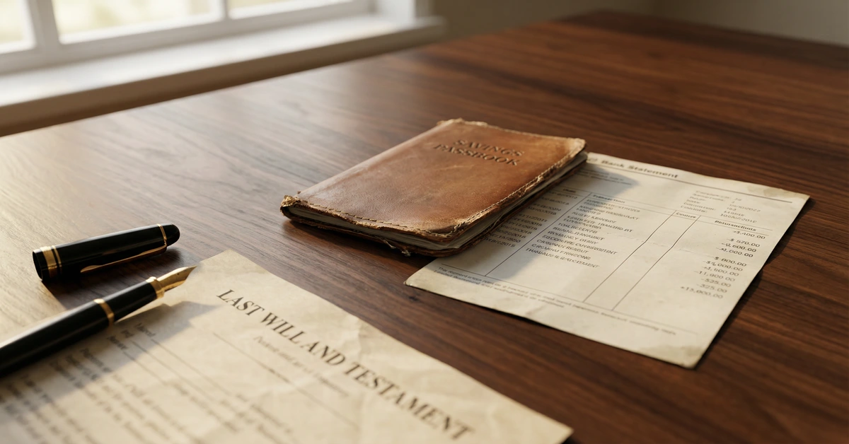 Bank statement, savings passbook, fountain pen, and Last Will and Testament document on a dark wood desk — representing bank account access after death in Michigan estate planning