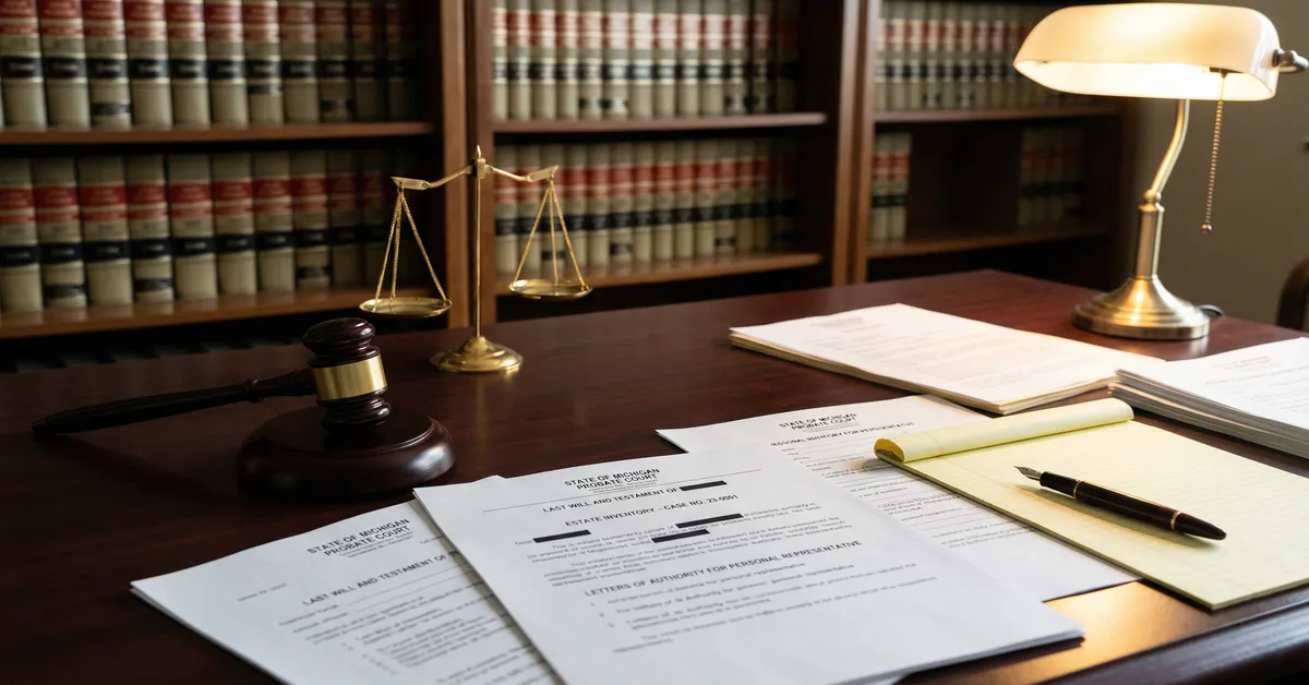 Michigan probate court documents and estate planning paperwork on a law office desk, with a judge's gavel and brass scales of justice - professional Michigan law firm setting