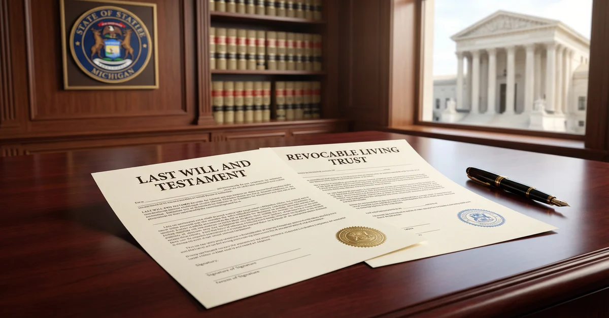 Michigan will and trust documents side by side on an estate planning attorney's desk, with a Michigan state seal and courthouse visible in the background - featured image for a Michigan law firm blog post on wills vs. trusts.