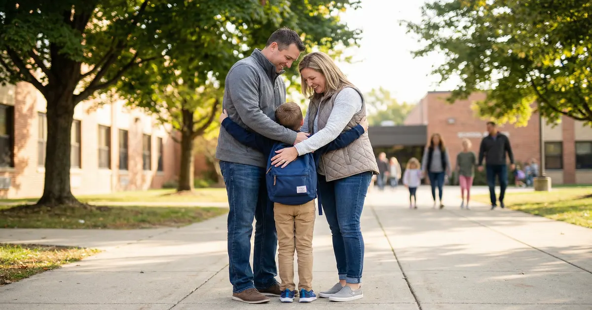 Michigan co-parenting parents cooperating at a child exchange after separation, with child present