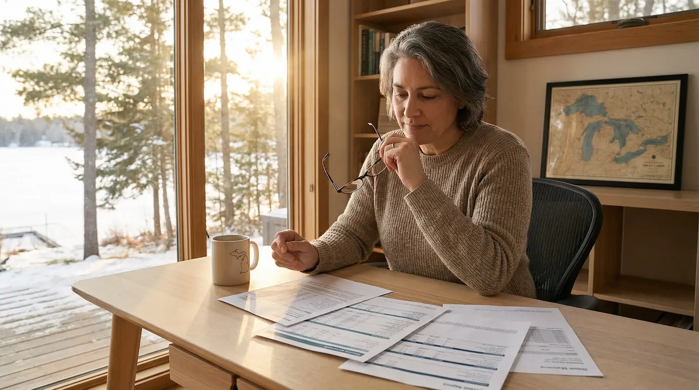 Michigan adult over 50 reviewing financial and estate planning documents during gray divorce