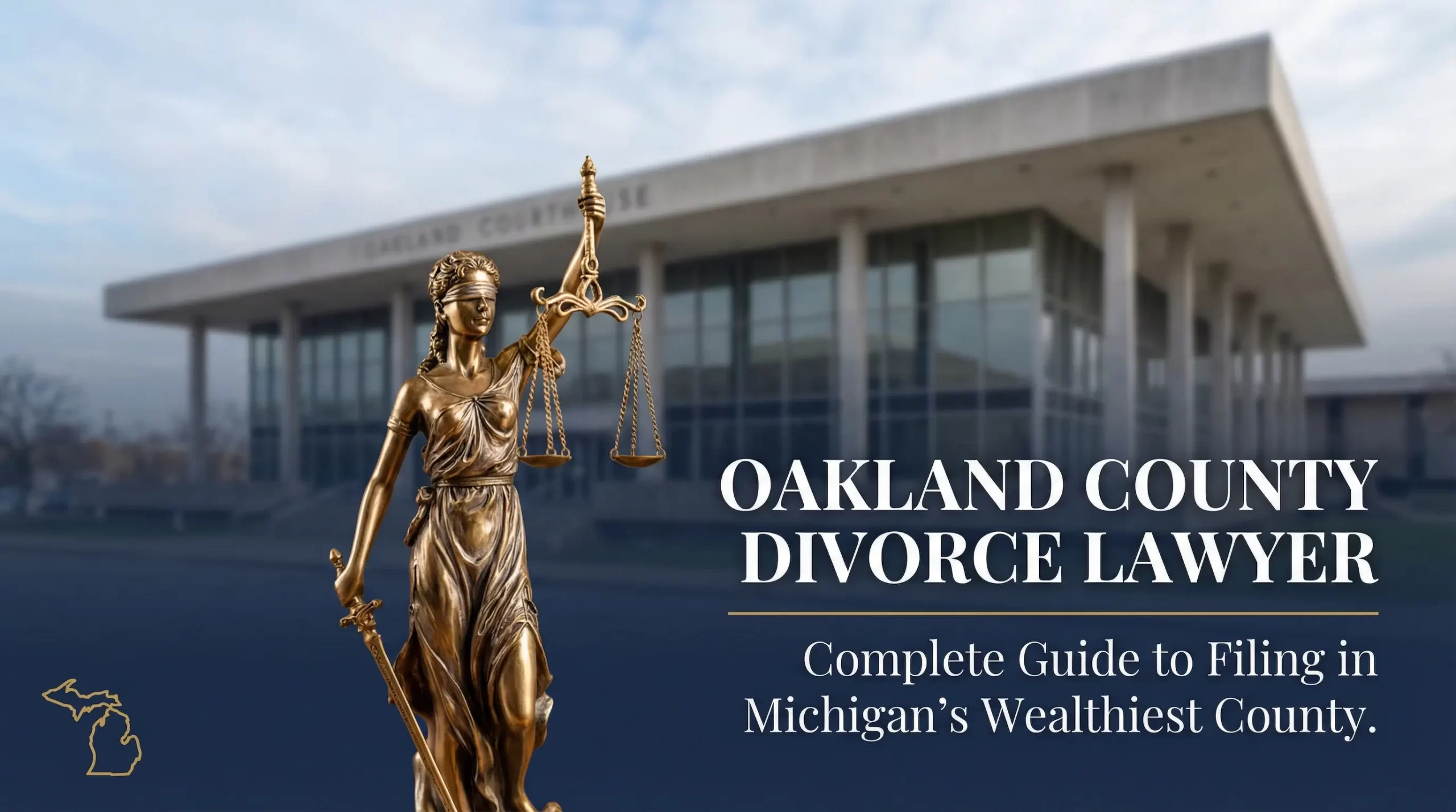 Oakland County Divorce Lawyer — Lady Justice statue in front of Oakland County Courthouse, representing expert divorce filing guidance in Michigan's wealthiest county